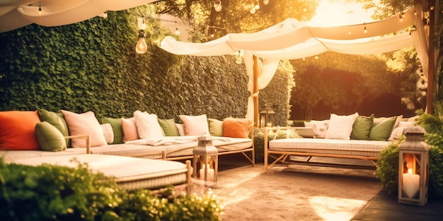 Uma elegante e confortável área de lounge ao ar livre para um elegante relaxamento de verão em meio a jardins exuberantes