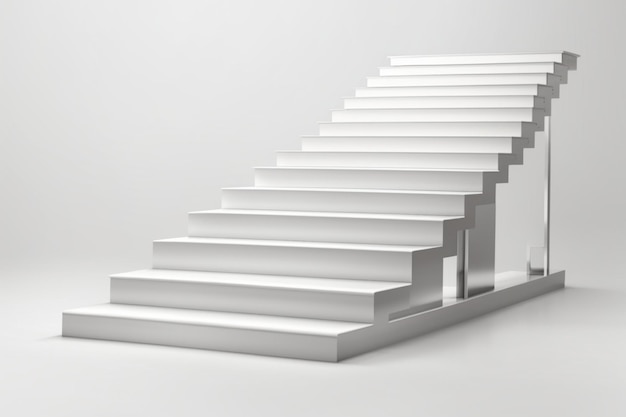 Uma elegante escadaria branca se destaca contra um fundo branco imaculado nesta renderização em 3D