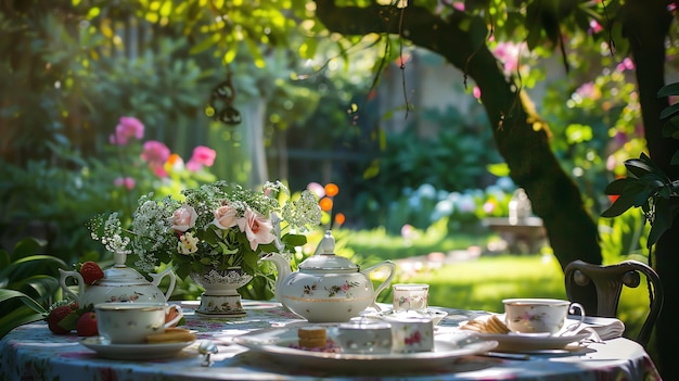 Foto uma elegante festa de chá da tarde organizada num jardim exuberante a mesa está preparada com um excelente conjunto de chá de porcelana e uma variedade de deliciosos bolos