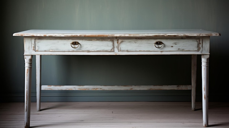 Foto uma elegante mesa branca adornada com duas gavetas adicionando um toque de sofisticação ao quarto