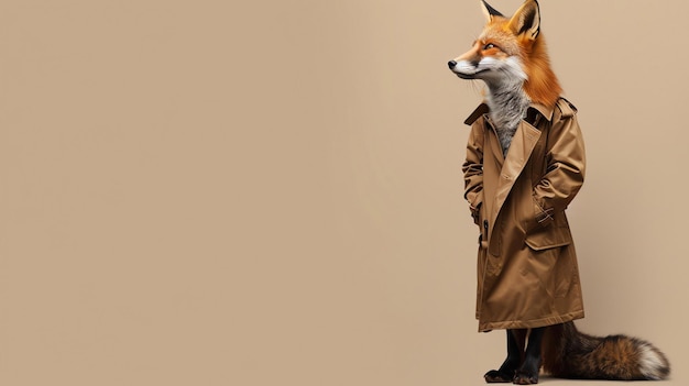 Foto uma elegante raposa vermelha vestindo um casaco de trincheira está de pé em um fundo bege olhando para o lado com uma expressão de confiança