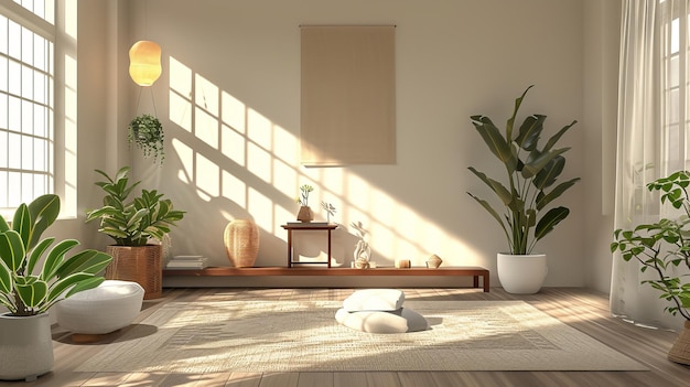 Uma elegante sala de bem-estar com decoração minimalista, paleta de cores tranquilizadoras e elementos naturais sutis, criando um refúgio pacífico para o autocuidado e o rejuvenescimento mental.