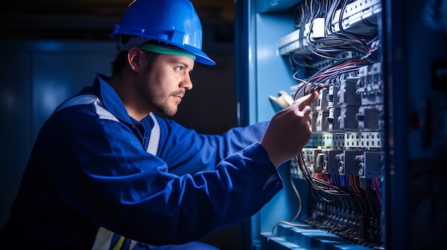 Uma eletricista comercial trabalhando em uma caixa de fusíveis adornada com equipamento de segurança