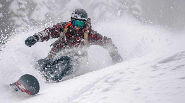 Uma emocionante tomada de ação de snowboard capturando um spray de neve no ar