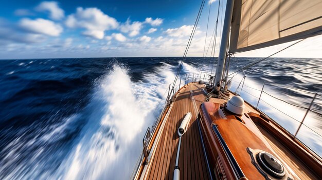 Uma emocionante visão aproximada do convés de um iate enquanto ele navega em mar aberto em um dia ventoso