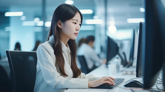 Uma empregada asiática trabalha na frente de uma mesa de escritório