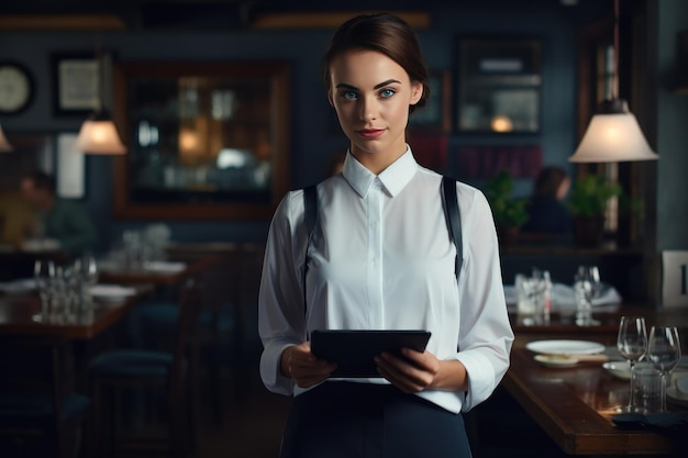 Uma empregada de mesa vestindo um avental branco está segurando um tablet
