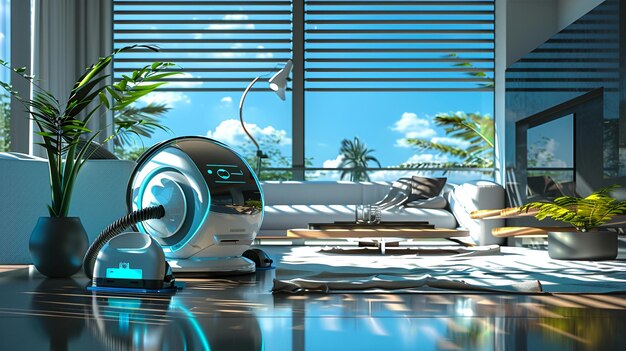 Foto uma empregada robot futurista com um elegante desenho branco e azul a limpar o chão