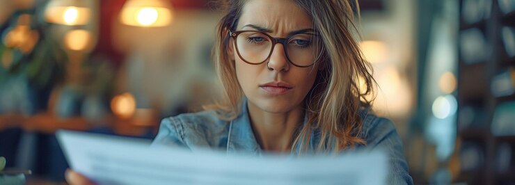 Uma empresária de meia-idade está ansiosamente lendo documentos comerciais e verificando dados contábeis e financeiros enquanto analisa investimentos