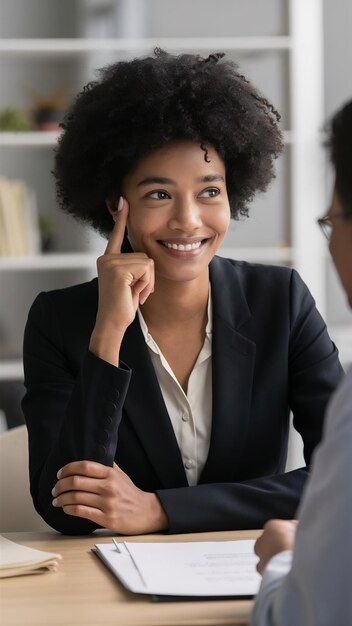 Uma empresária de pele escura de boa aparência e bem sucedida escuta com um sorriso educado e amigável.