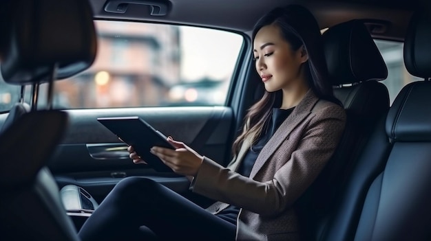 Uma empresária elegante usando um tablet em uma limusine ou no banco traseiro de um carro GERAR IA