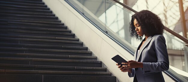 Uma empresária negra usando tablet digital enquanto desce escadas na área vazia do escritório