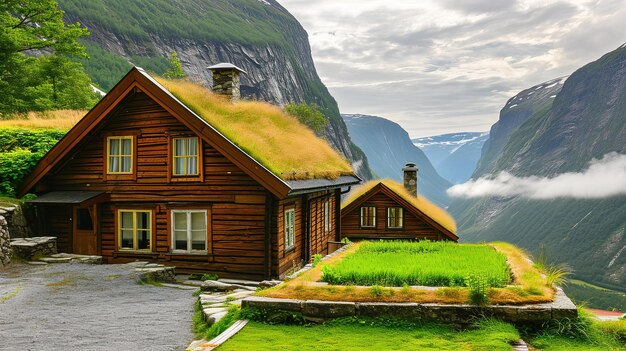 Uma encantadora casa à beira do lago, aninhada nas montanhas.