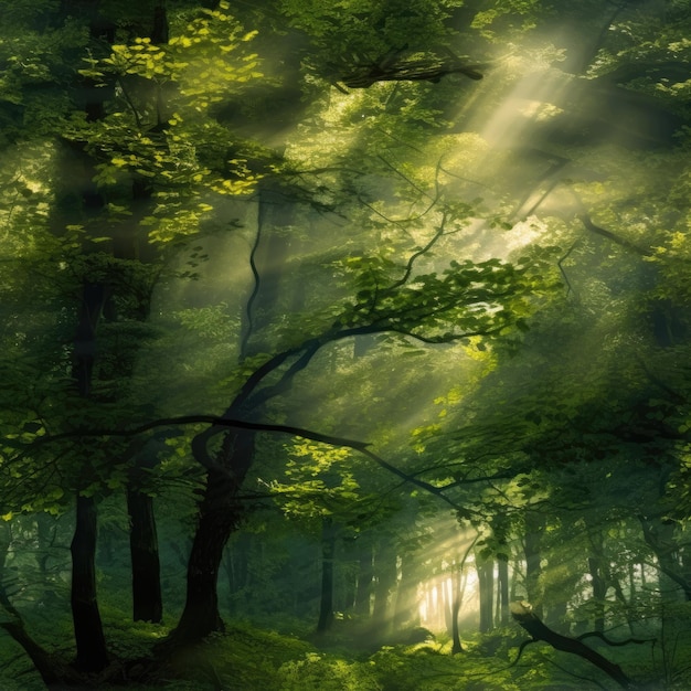 Uma encantadora clareira na floresta com a luz do sol brilhando