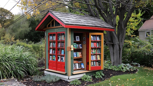 Uma encantadora e convidativa Pequena Biblioteca Livre está aninhada em meio a um jardim exuberante