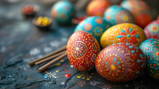 Uma encantadora exposição de ovos de Páscoa com intrincados desenhos e padrões pintados à mão