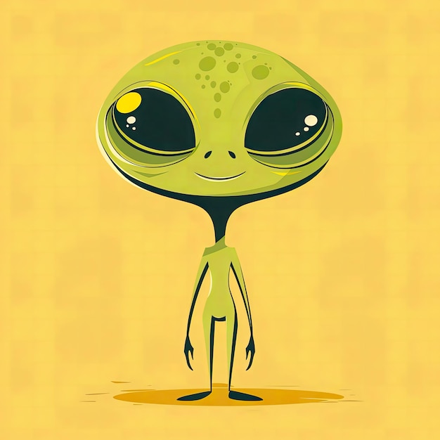 Uma encantadora ilustração de um alienígena com grandes olhos expressivos e um leve sorriso contra um caloroso