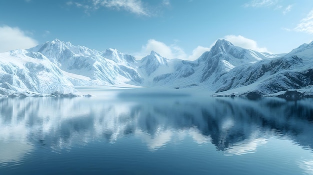 Uma encantadora paisagem de inverno com montanhas cobertas de neve e um lago sereno