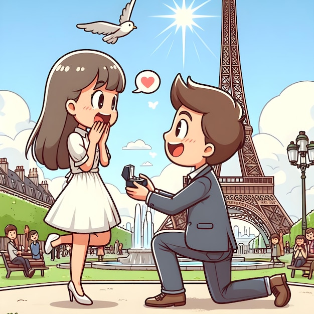 Foto uma encantadora proposta de casamento na torre eiffel capturada em uma ilustração animada
