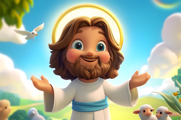 Foto uma encantadora representação de jesus em estilo de desenho animado com uma expressão calorosa e gentil com um desenho redondo suave