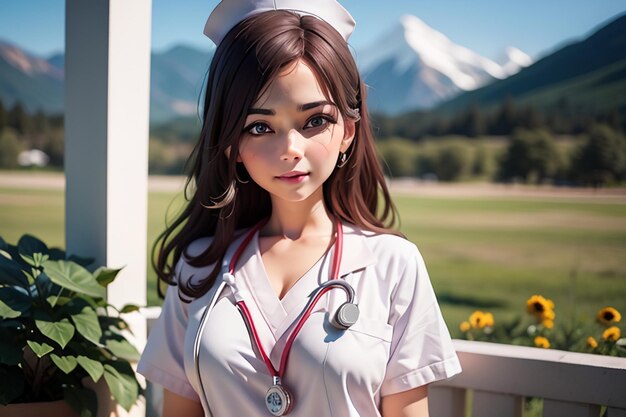 Uma enfermeira com um estetoscópio em volta do pescoço está em frente a uma montanha.