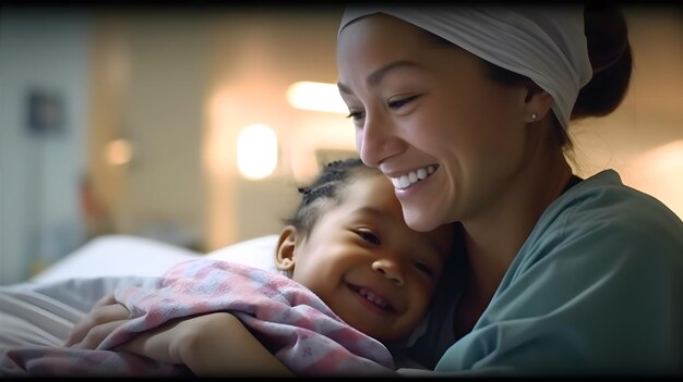 Uma enfermeira confortando uma criança paciente com um toque suave em uma ala pediátrica aconchegante e colorida A atmosfera é calorosa e carinhosa