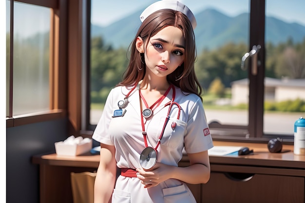 Foto uma enfermeira de pé em frente a uma janela