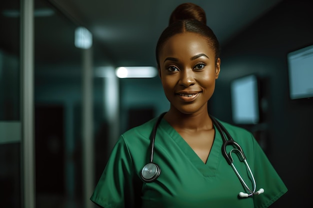 Uma enfermeira de uniforme verde com um estetoscópio