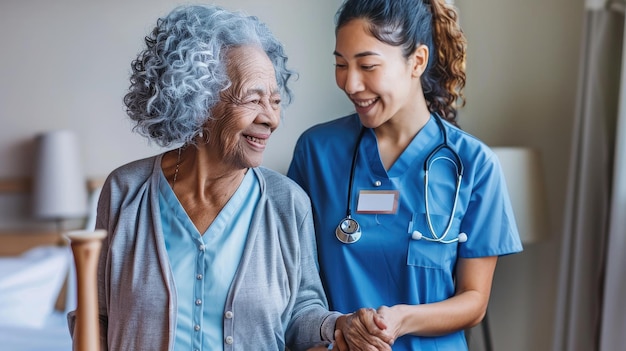 Foto uma enfermeira e uma mulher idosa estão sorrindo e sorrindo