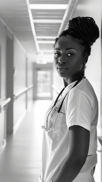 Foto uma enfermeira está em um corredor do hospital usando um estetoscópio