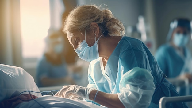 Uma enfermeira está examinando um paciente em um hospital