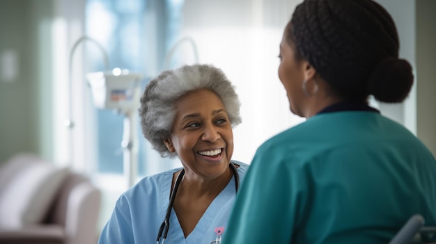 Uma enfermeira fala com um paciente sênior
