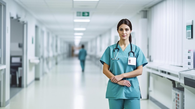 Uma enfermeira parada em um corredor com uma placa que diz 'saída de emergência'