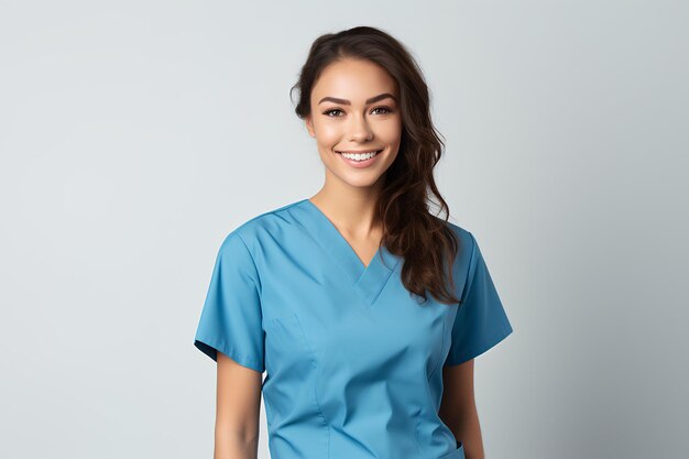 Foto uma enfermeira sorridente vestindo roupas azuis no estilo minimalista
