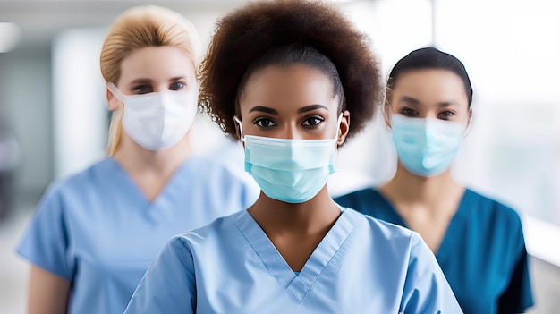 Uma enfermeira usa uma máscara com as palavras "medicina" no rosto.
