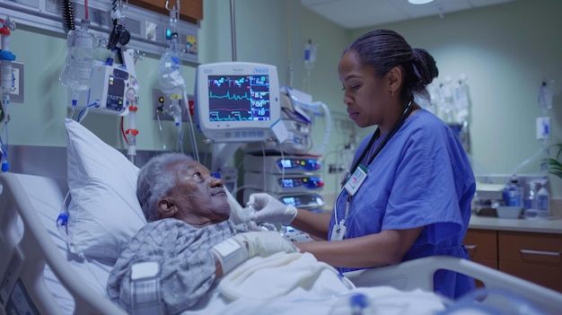 Uma enfermeira verificando os sinais vitais de um paciente em um quarto de hospital