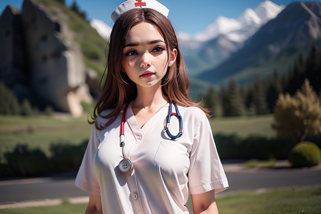 Uma enfermeira veste um uniforme branco com uma cruz vermelha no peito.