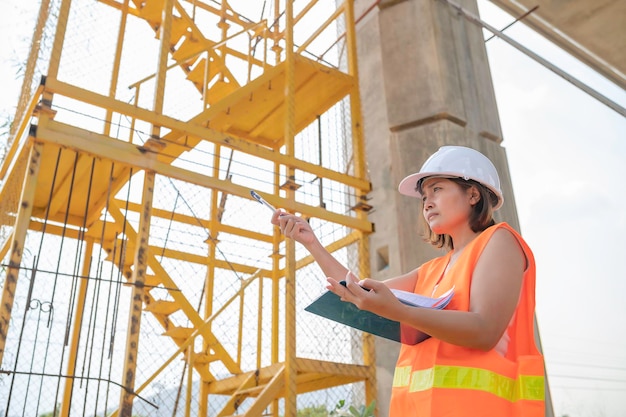 Uma engenheira asiática trabalha em um canteiro de obras de ponte de autoestradaTrabalhador civil inspecionando o trabalho na construção de travessia