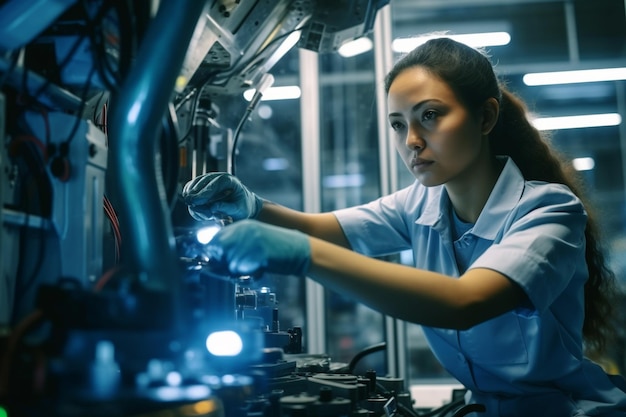 Uma engenheira trabalha em uma máquina com um uniforme azul.