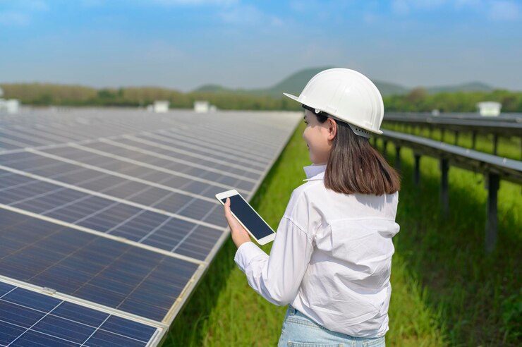 Uma engenheira usando capacete na fazenda de células fotovoltaicas ou painéis solares