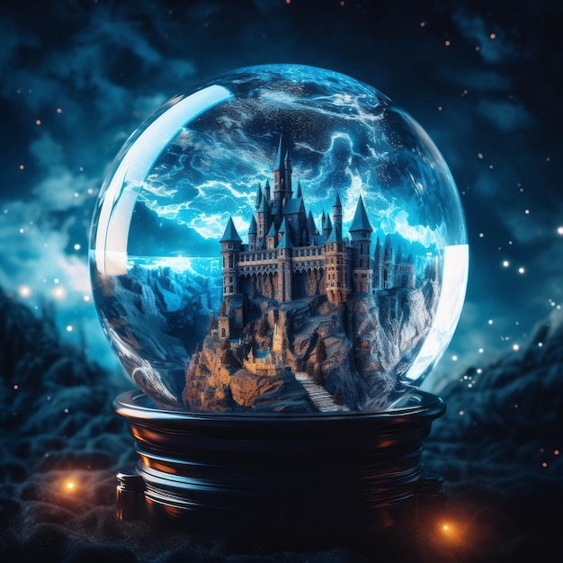 Uma enorme bola de cristal transparente com um pequeno castelo dentro de um fundo azul borrado