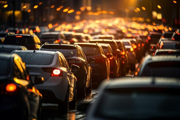 uma enorme linha de carros de trânsito em um fundo de estilo bokeh de rua