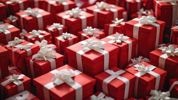 Uma enorme pilha de presentes de Natal em caixas vermelhas e brancas.
