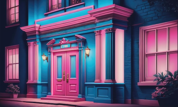 uma entrada brilhantemente iluminada para um edifício com uma luz azul e rosa
