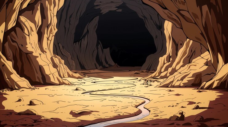 Foto uma entrada escura e misteriosa de uma caverna com um caminho que leva a ela