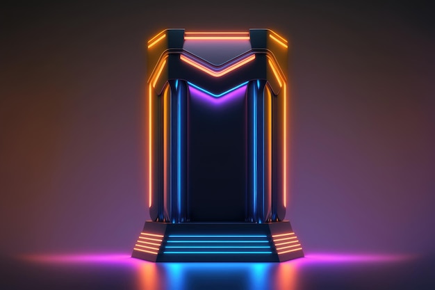 Uma entrada iluminada com luzes neon e uma placa azul e laranja que diz m nela.