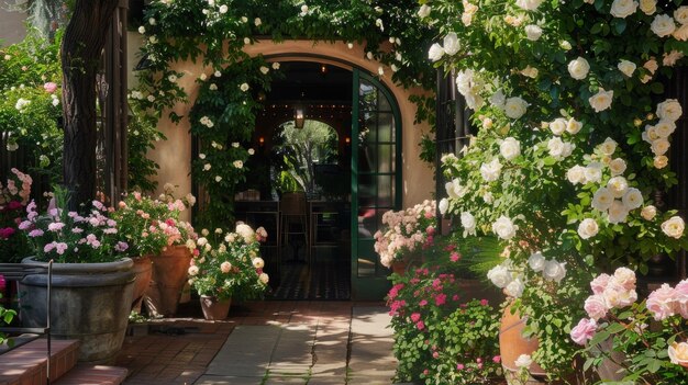 Uma entrada pitoresca de café com um arco de jardim caprichoso adornado com plantadores de grandes dimensões cheios de