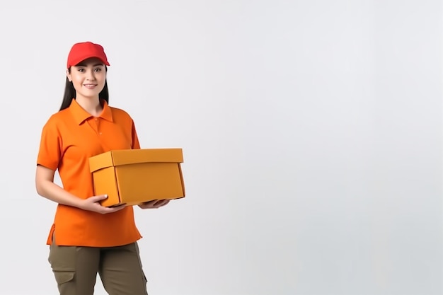 Uma entregadora vestindo um uniforme laranja segura uma caixa na frente de um fundo branco em branco
