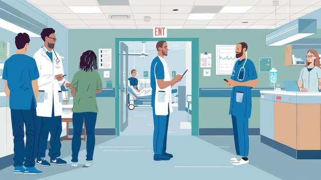 Uma equipa de cuidados de saúde a fazer as rondas de um paciente num hospital a discutir
