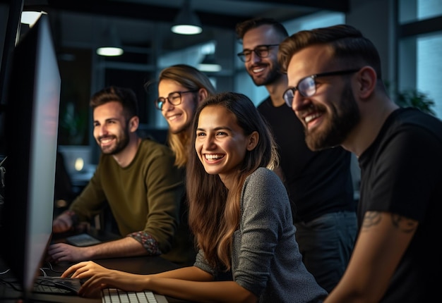 Foto uma equipa de designers num escritório com um sorriso no rosto.